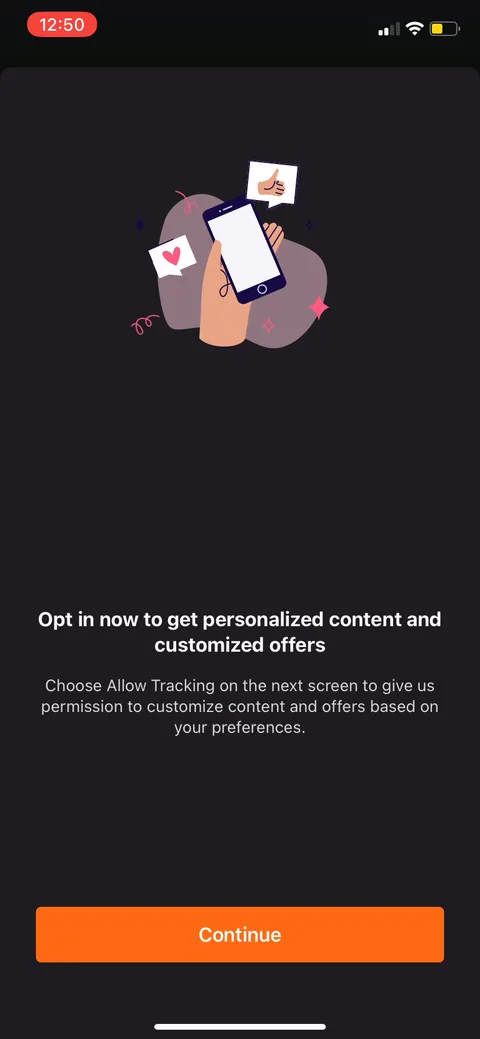 Babbel onboarding screen 23: ATT pre-prompt: 'Opt in now to get personalized content and customized offers' priming the user to tap Allow…