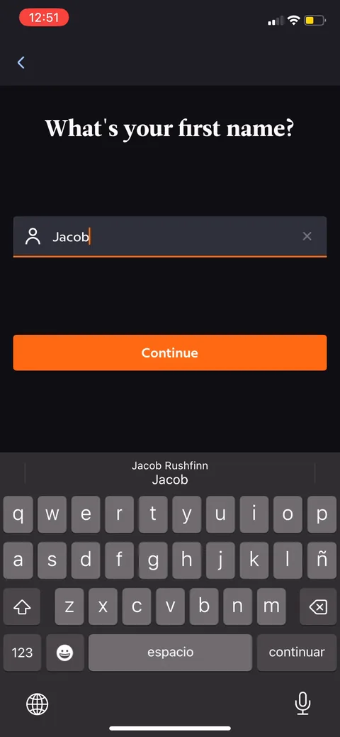 Babbel onboarding screen 27: Name capture ('What's your first name?') used to personalize the post-onboarding home ('Hi, Jacob')