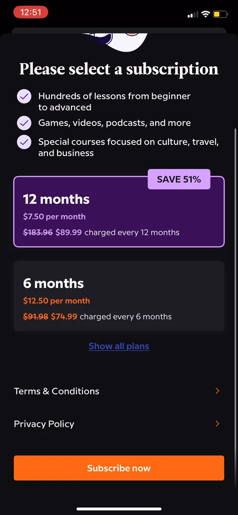 Babbel onboarding screen 35: PAYWALL