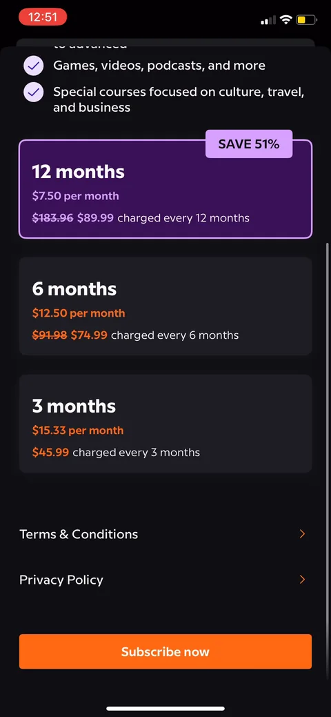 Babbel paywall with pricing, onboarding screen 37