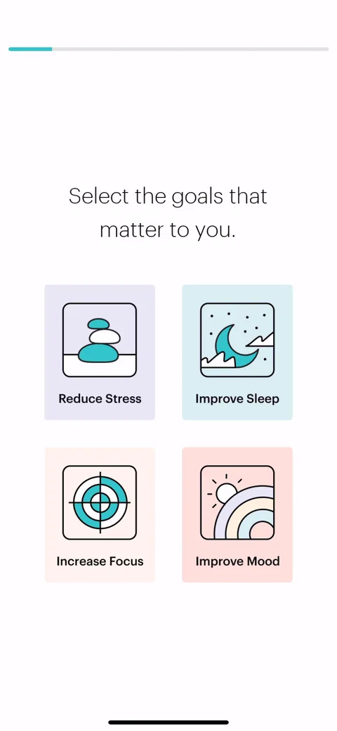 Balance onboarding screen 1: Opens with a multi-select of goals: reduce stress, improve sleep, increase focus, improve mood