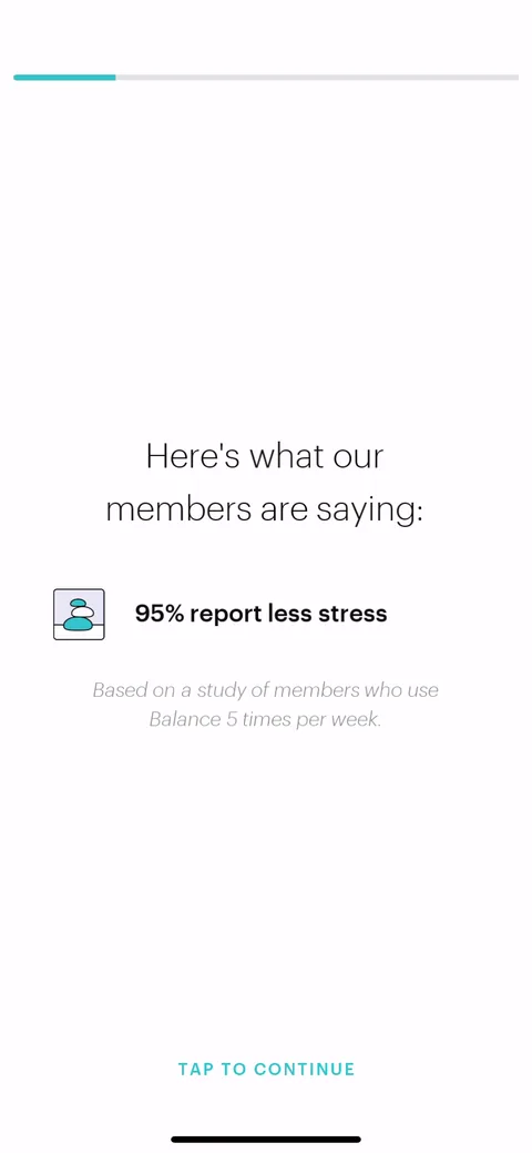 Balance onboarding screen 3: '95% report less stress' with a progress bar up top