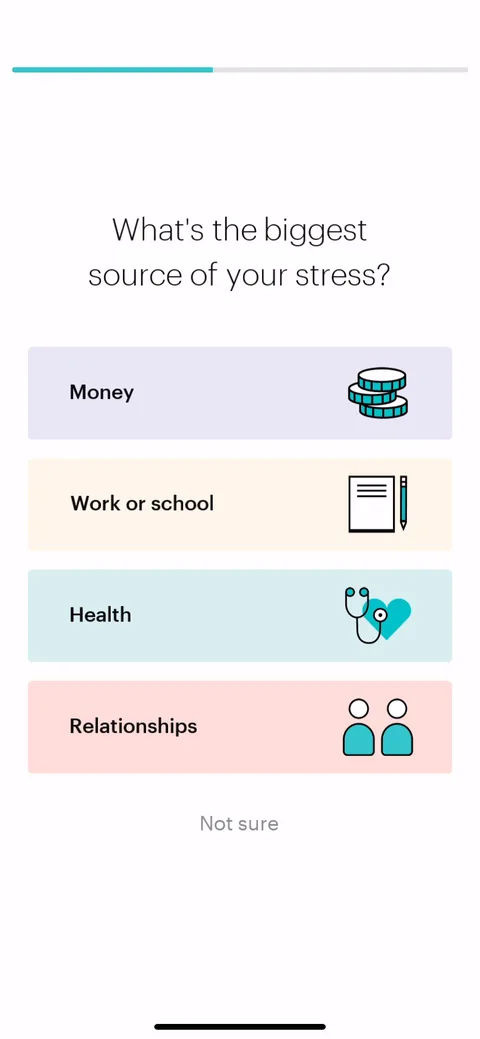 Balance onboarding screen 5: 'What's the biggest source of your stress' (money, work, health, relationships)