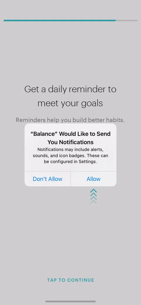 Balance onboarding screen 10: Notification ask is framed by benefit first ('reminders help you build better habits') before the system…