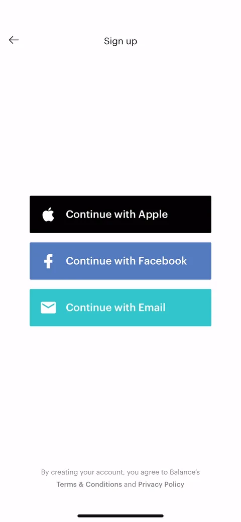 Balance onboarding screen 19: Apple, Facebook, or email