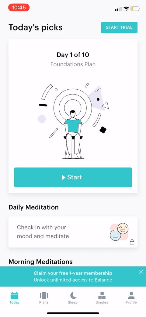 Balance onboarding screen 27: Drops you onto 'Today's picks, Day 1 of 10, Foundations Plan' with a Start button, not a blank home