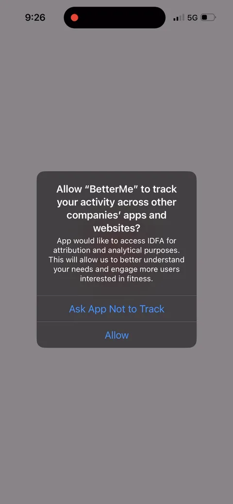 Betterme onboarding screen 2: The ATT prompt is literally the first thing you see, before the app has said a word about itself
