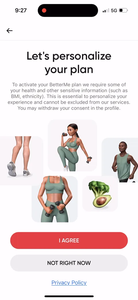 Betterme onboarding screen 7: 'Let's personalize your plan' is the header on what's really a sensitive-data consent screen (BMI, ethnicity)