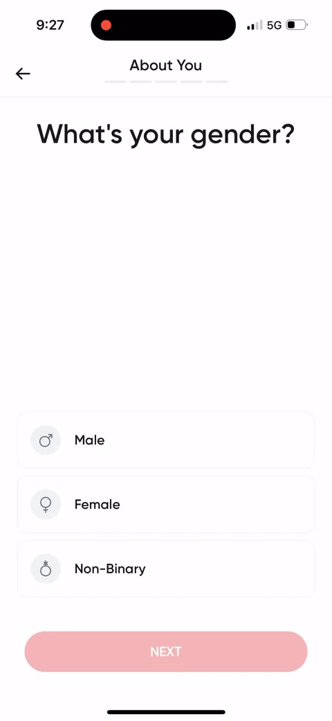 Betterme onboarding screen 9: The quiz starts with gender, one tap and easy