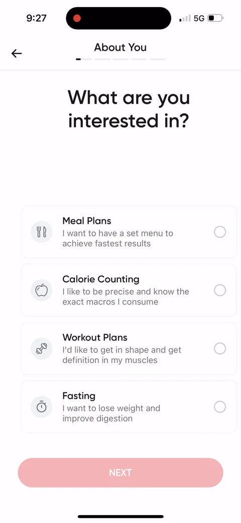 Betterme onboarding screen 11: 'What are you interested in?' Meal plans, calorie counting, workout plans, fasting, each with a first-person…