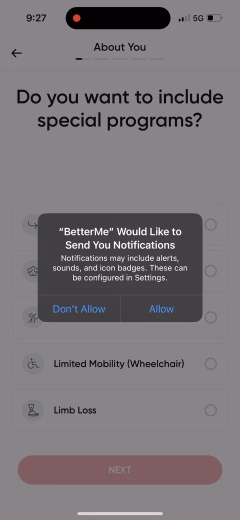 Betterme onboarding screen 13: The notification permission fires in the middle of the quiz with no priming