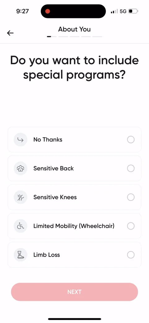 Betterme onboarding screen 14: 'Do you want to include special programs?' Sensitive back, sensitive knees, limited mobility (wheelchair)…