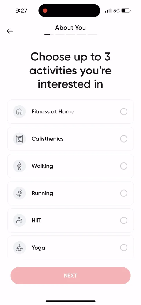 Betterme onboarding screen 15: 'Choose up to 3 activities you're interested in.' Capping it at 3 forces a real preference instead of…