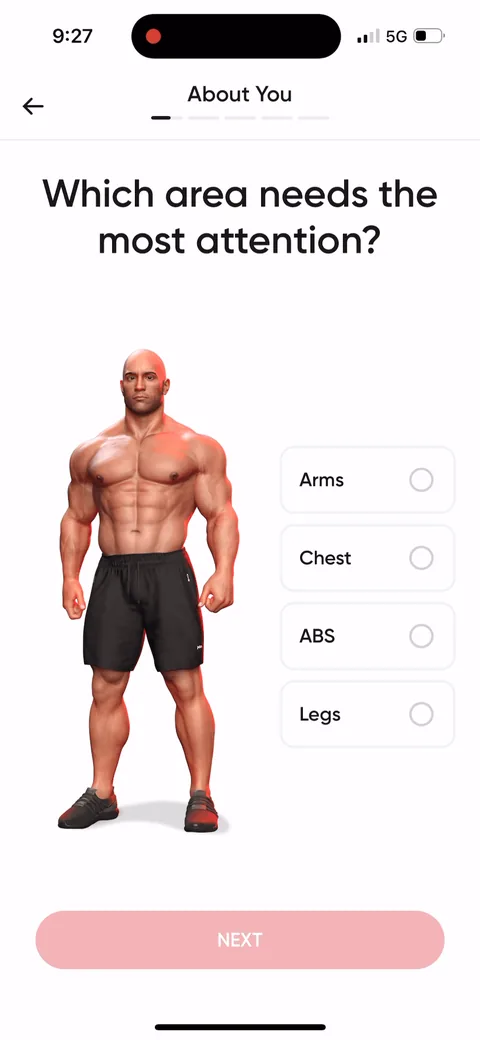 Betterme onboarding screen 18: 'Which area needs the most attention?' with a big muscular model and Arms, Chest, ABS, Legs
