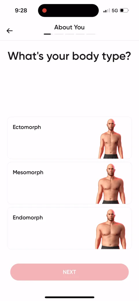 Betterme onboarding screen 19: Body type as ectomorph, mesomorph, endomorph with pictures