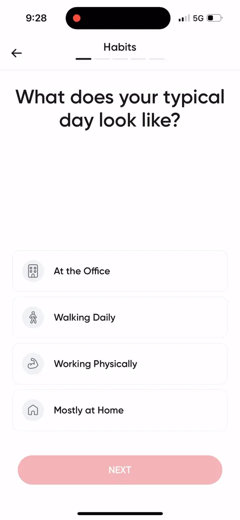 Betterme onboarding screen 21: The 'Habits' section starts here, and the header tracks which section you're in (About You, Habits…