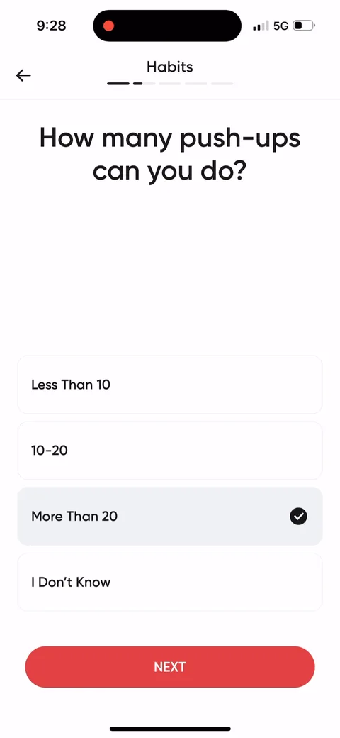 Betterme onboarding screen 25: 'How many push-ups can you do?' with an 'I don't know' option