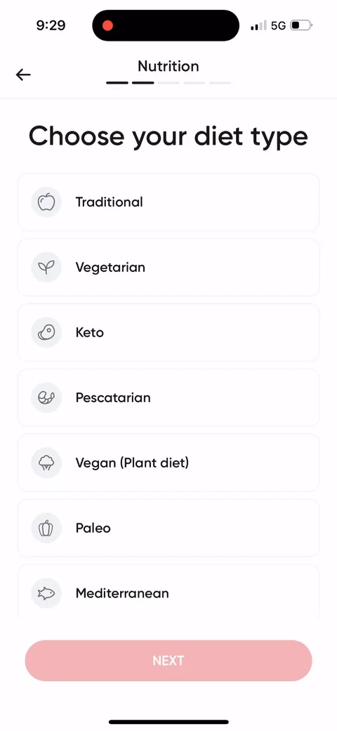 Betterme onboarding screen 31: 'Choose your diet type' lists Keto, Paleo, Mediterranean next to 'Diabetes type 1' and 'Diabetes type 2'
