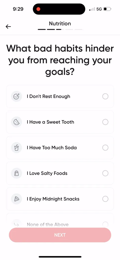 Betterme onboarding screen 37: 'What bad habits hinder you from reaching your goals?' Sweet tooth, too much soda, midnight snacks