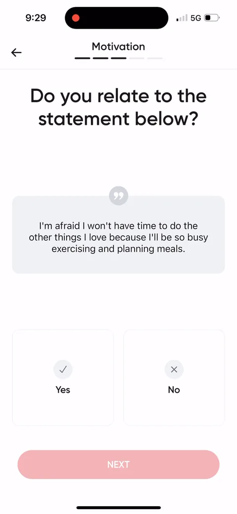 Betterme onboarding screen 40: 'Do you relate to the statement below?' with a first-person objection: 'I'm afraid I won't have time to do…