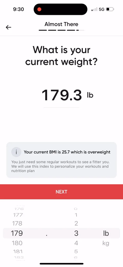 Betterme onboarding screen 44: Instant feedback on the weight input: 'Your current BMI is 25.7 which is overweight