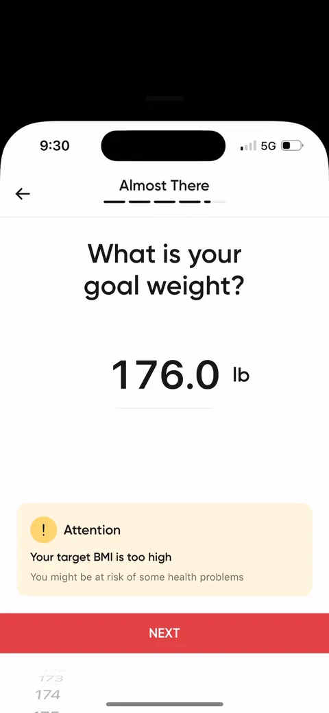 Betterme onboarding screen 45: Goal weight gets its own inline warning: 'Attention: Your target BMI is too high.' Same trick as the current…