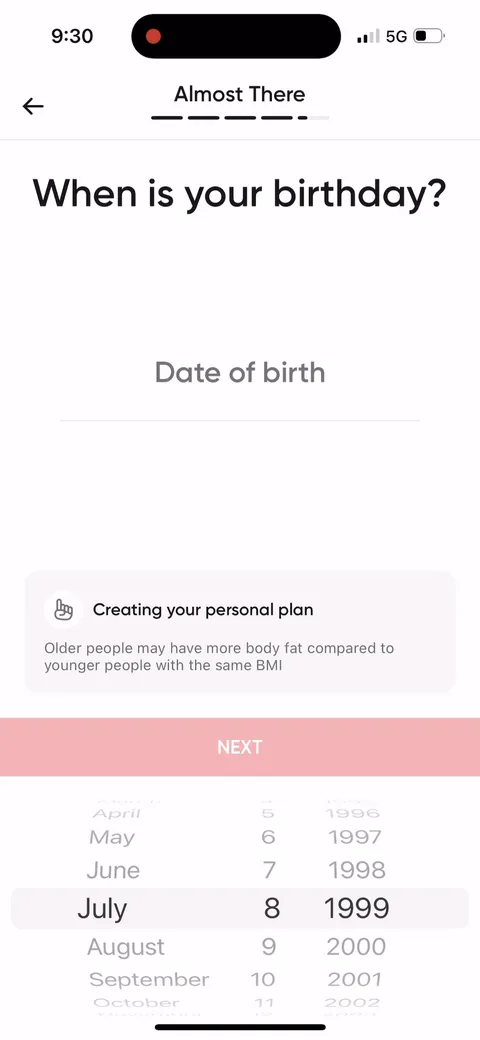 Betterme onboarding screen 47: Birthday, with the reason attached: 'Older people may have more body fat compared to younger people with the…