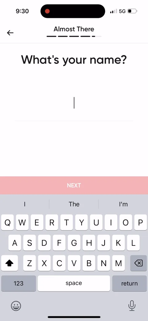 Betterme onboarding screen 48: 'What's your name?' near the end, so the plan reveal and the paywall can use it ('Alex, your personalized…