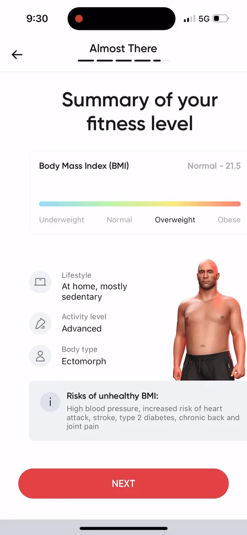 Betterme onboarding screen 50: 'Summary of your fitness level' with a BMI bar and 'Risks of unhealthy BMI: High blood pressure, increased…