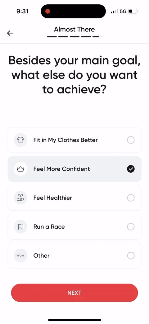Betterme onboarding screen 54: 'Besides your main goal, what else do you want to achieve?' Fit in my clothes better, feel more confident