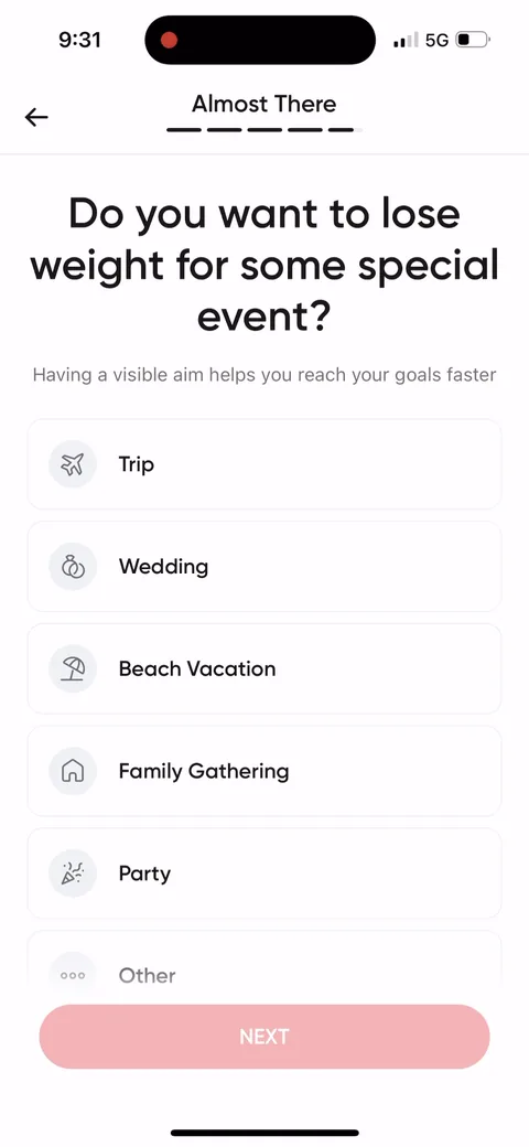 Betterme onboarding screen 55: 'Do you want to lose weight for some special event?' Trip, wedding, beach vacation