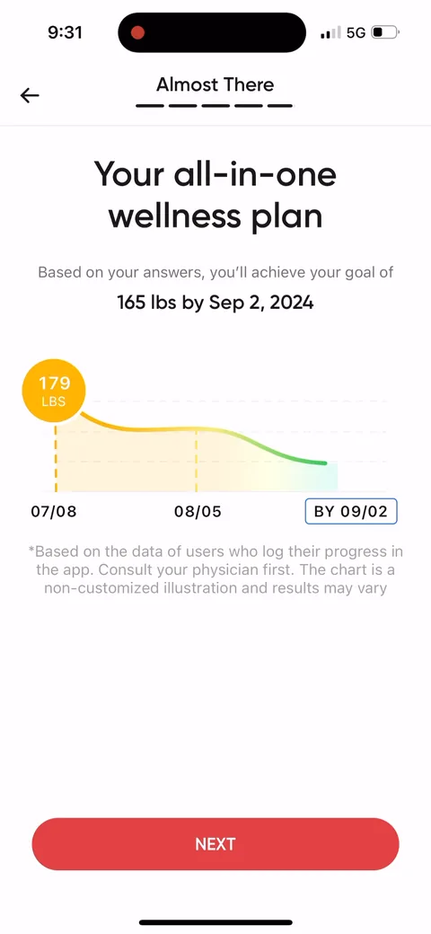 Betterme onboarding screen 57: 'Your all-in-one wellness plan: you'll achieve your goal of 165 lbs by Sep 2, 2024.' A dated projection chart…