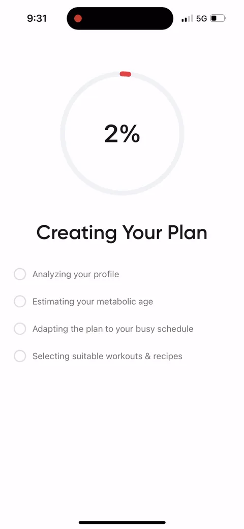 Betterme onboarding screen 59: 'Creating Your Plan' with a percentage and a checklist: 'Estimating your metabolic age', 'Adapting the plan…