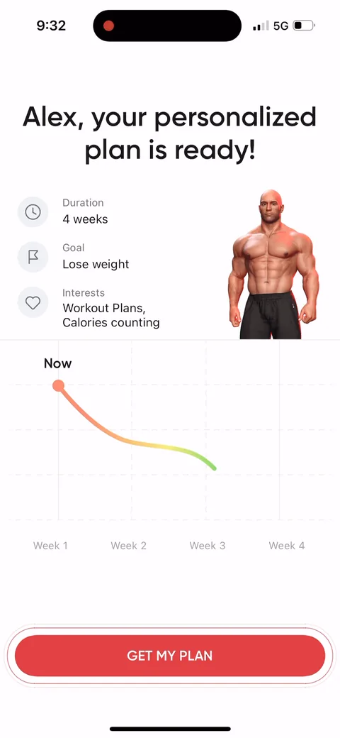 Betterme onboarding screen 61: 'Alex, your personalized plan is ready!' Duration, goal and the interests you picked, echoed back with a…