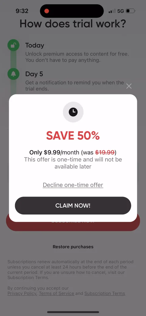 Betterme onboarding screen 66: Dismiss the purchase and you get 'SAVE 50%