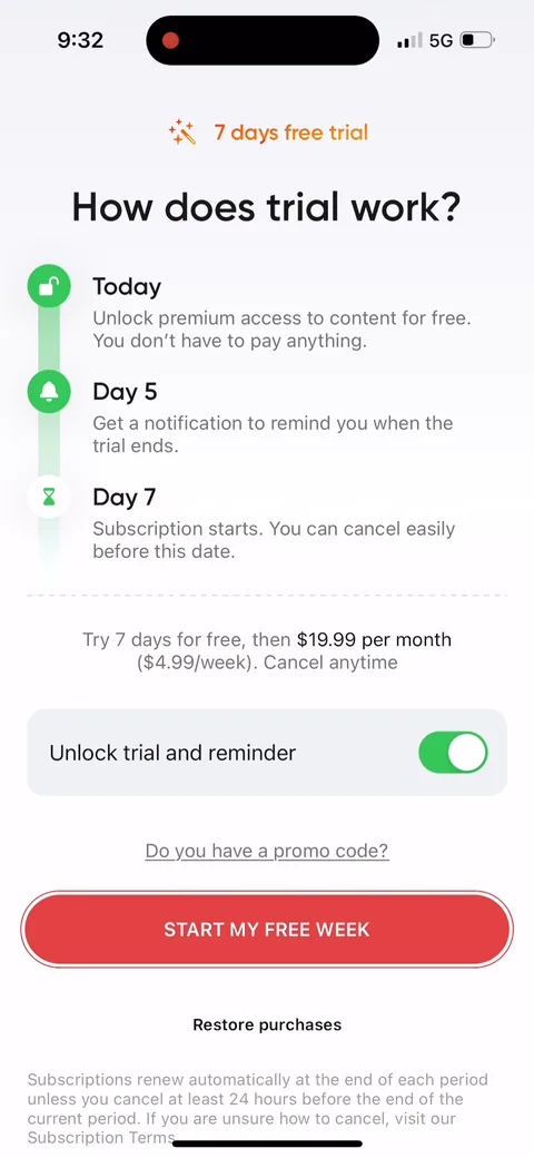 Betterme onboarding screen 67: Flip the toggle and it becomes 'Try 7 days for free, then $19.99 per month ($4.99/week).' The trial costs $5…