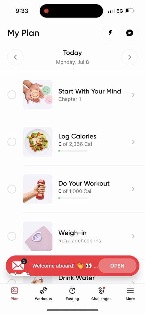 Betterme onboarding screen 78: 'My Plan' home is a daily checklist: Start With Your Mind, Log Calories, Do Your Workout, Weigh-in