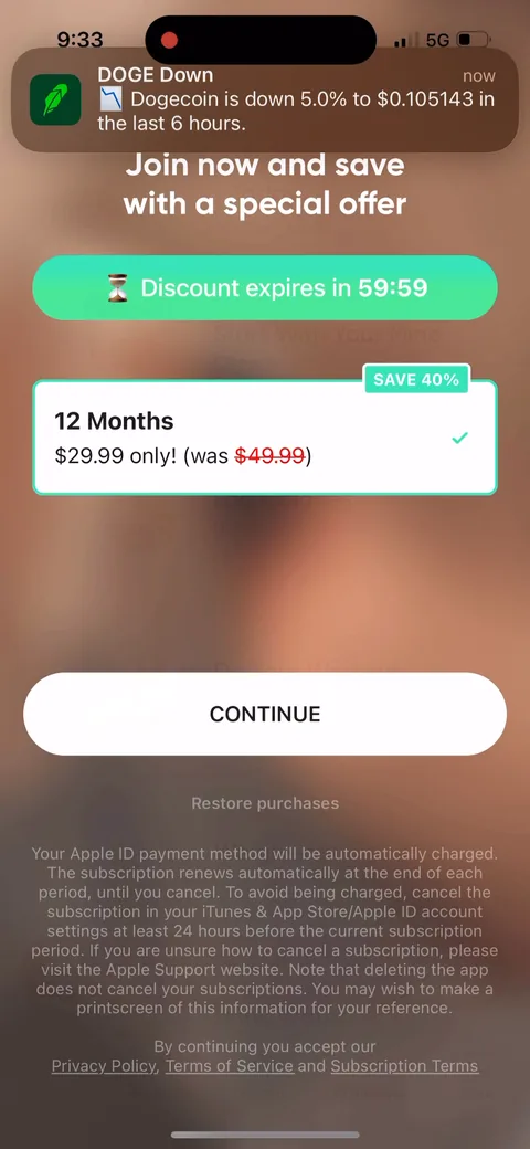 Betterme onboarding screen 79: Back in the app you get another offer: '12 Months $29.99 only