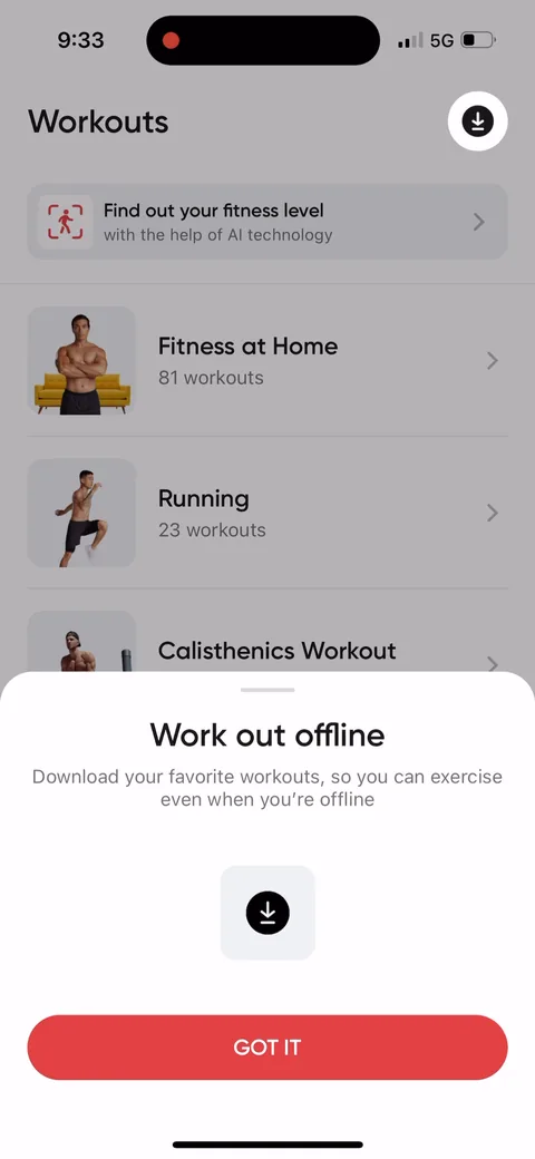 Betterme onboarding screen 80: 'Work out offline' tooltip on first visit to Workouts