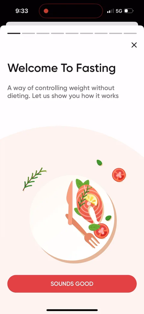 Betterme onboarding screen 83: 'Welcome To Fasting: A way of controlling weight without dieting.' Each tab gets its own mini-onboarding the…