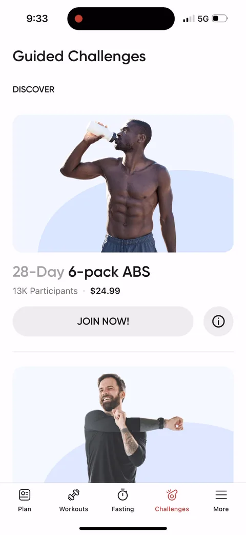 Betterme onboarding screen 85: Guided challenges like '28-Day 6-pack ABS' sold separately at $24.99, with '13K Participants' as social proof