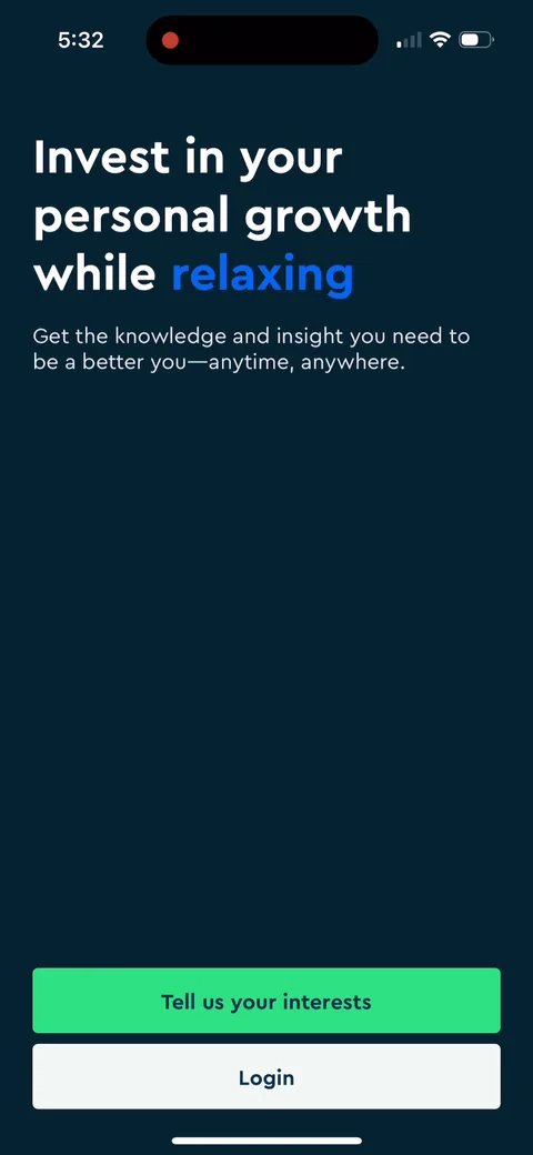 Blinkist onboarding screen 2: Login sits in the secondary slot and the main CTA is 'Tell us your interests,' so new users get pushed into…