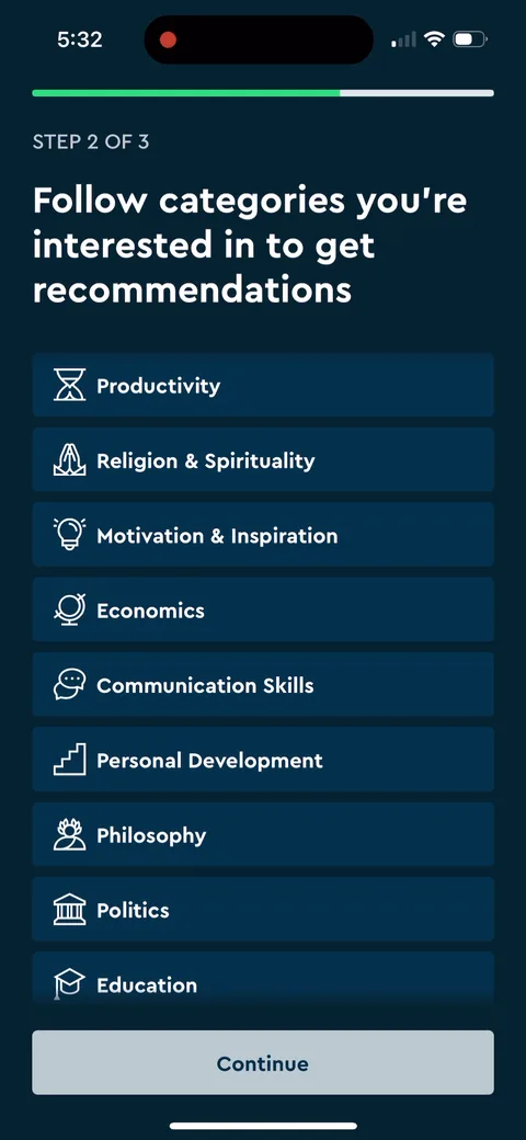 Blinkist onboarding screen 8: Round two of interest tagging, now granular ('productivity,' 'philosophy,' 'communication skills')