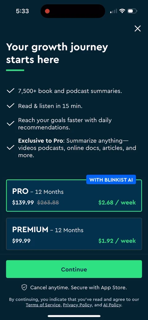 Blinkist paywall with pricing, onboarding screen 19