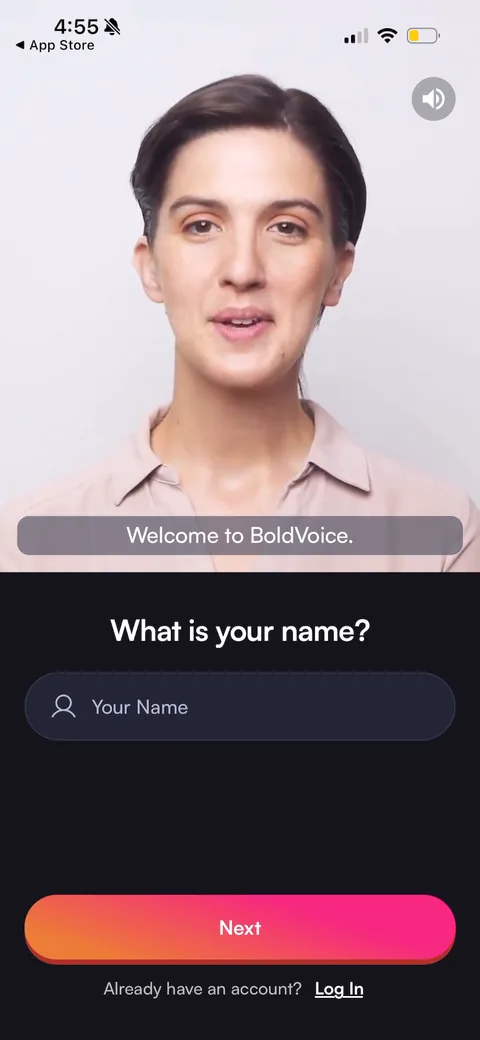 BoldVoice onboarding screen 14: True onboarding opener: a full-bleed talking-head coach video greets you ('Welcome to BoldVoice') over the…