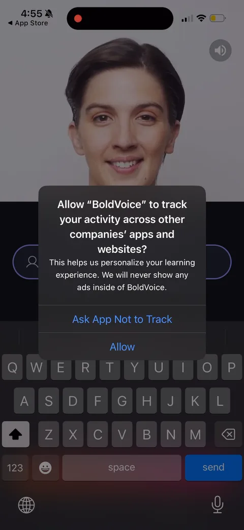 BoldVoice onboarding screen 15: ATT tracking prompt fired early, framed as 'helps personalize your learning experience