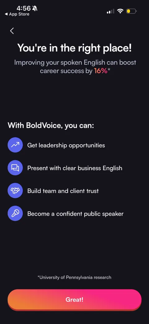 BoldVoice onboarding screen 17: Value-prop interstitial: 'Improving your spoken English can boost career success by 16%' with a UPenn…