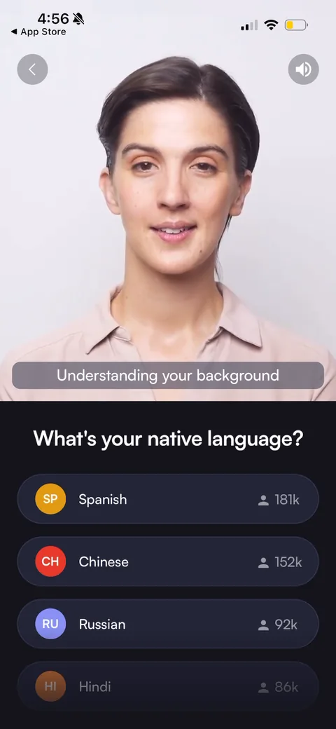 BoldVoice onboarding screen 18: Native-language quiz with per-language user counts (Spanish 181k, Chinese 152k...)