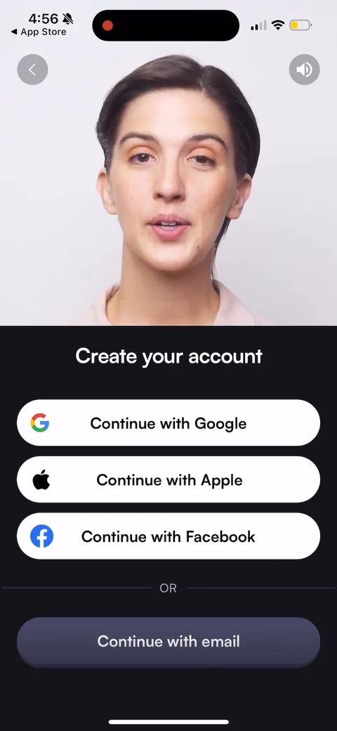 BoldVoice onboarding screen 23: Account creation (Google / Apple / Facebook / email) placed mid-onboarding, after the user has invested in…