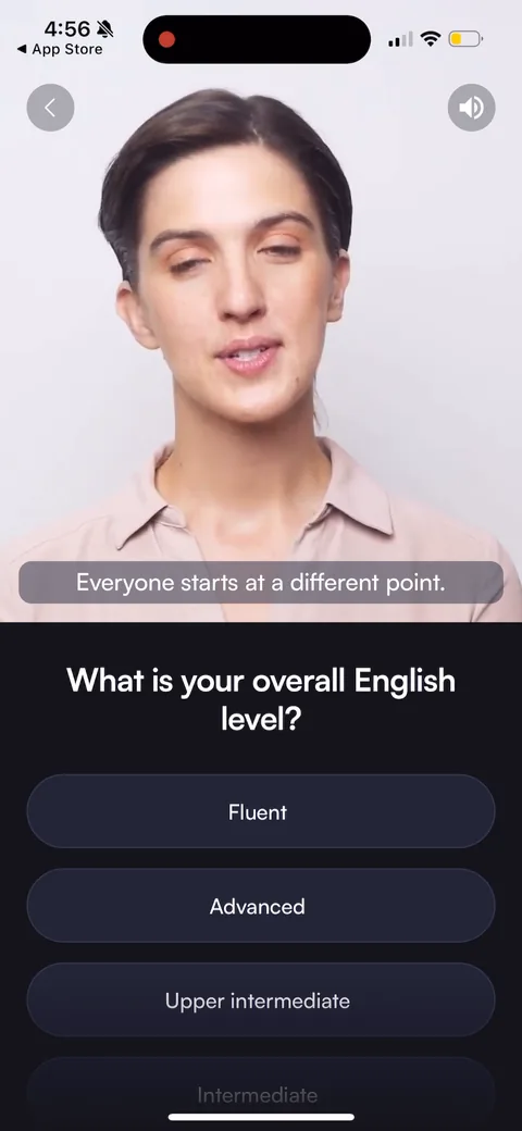 BoldVoice onboarding screen 29: Self-rated English level quiz, prefaced by 'Everyone starts at a different point'